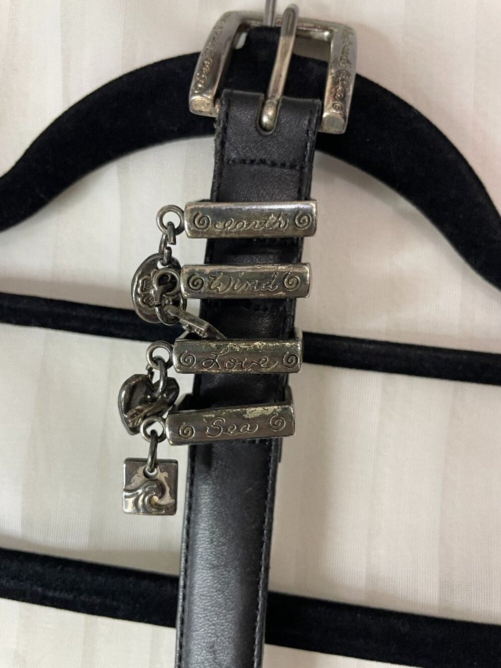 Vintage Brighton Black Leather Charm Belt Earth Wind Love Sea Women's Size M 32